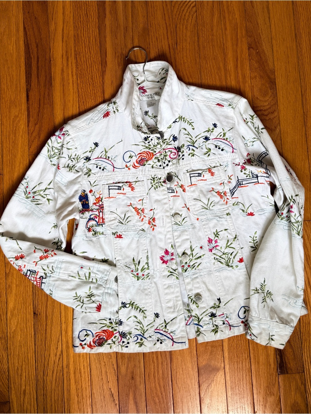 White Floral Embroidered Denim Jacket - Women